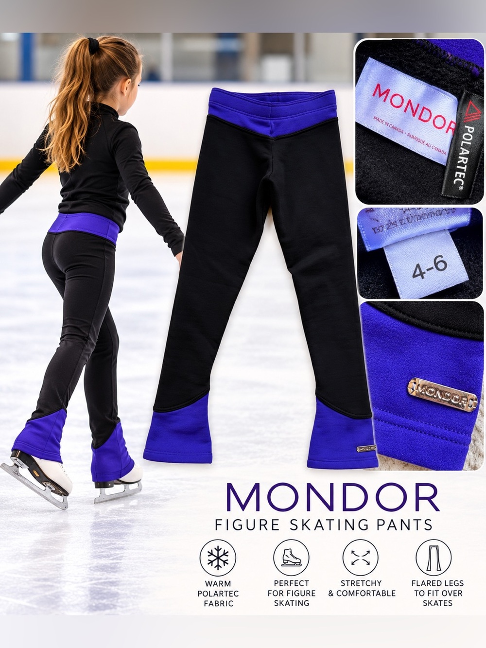 Mondor Polartec Girls Figure Skating Pants Black & Purple Size 4-6